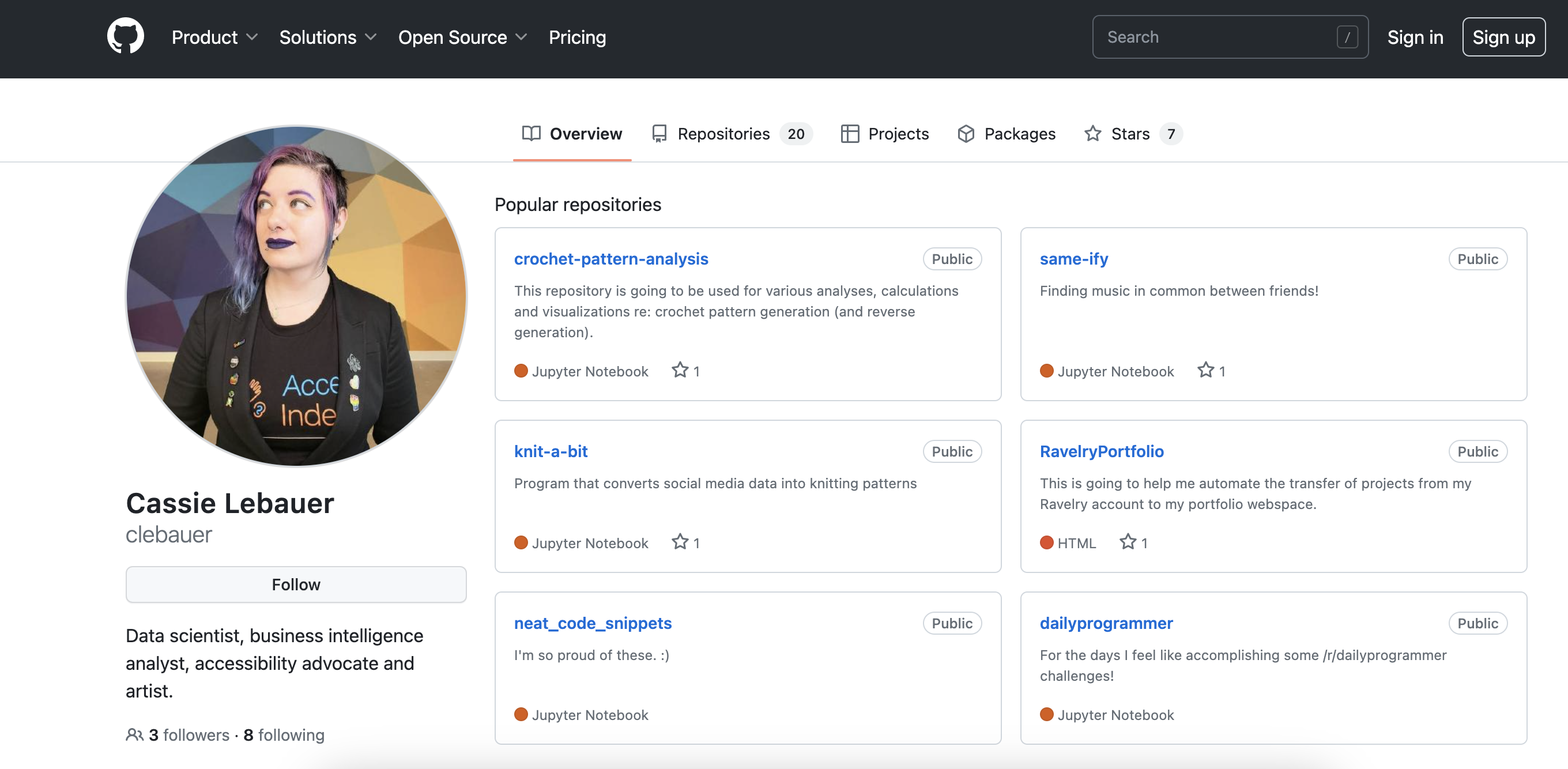 Screenshot of top half of Cassie's github