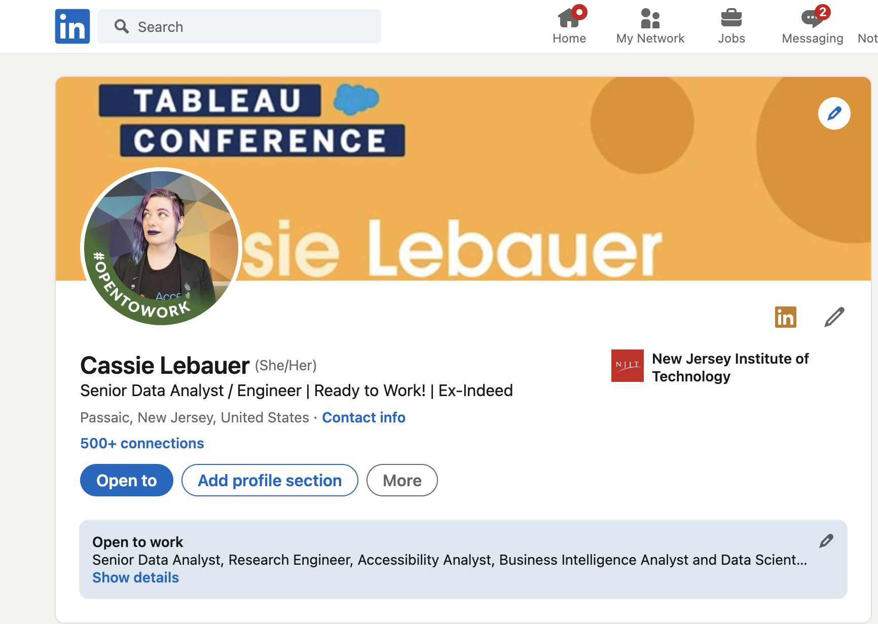 Screenshot of top half of Cassie's LinkedIn profile