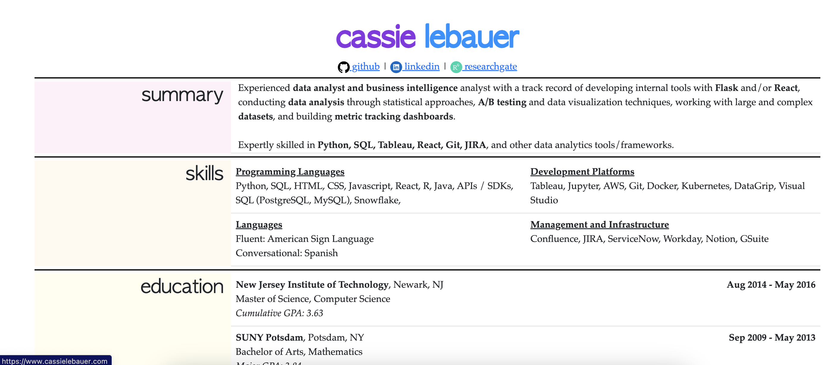 Screenshot of top half of Cassie's resume